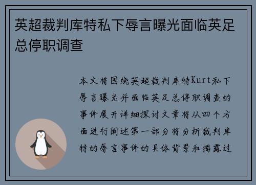 英超裁判库特私下辱言曝光面临英足总停职调查