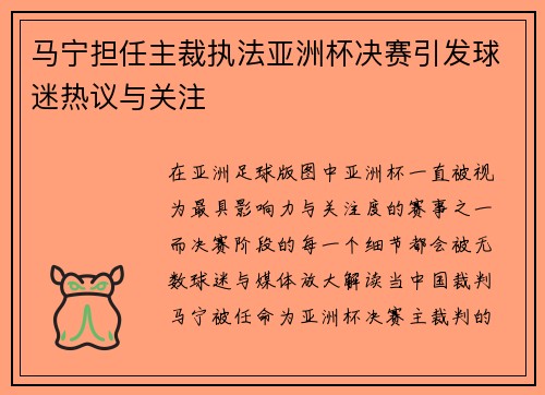马宁担任主裁执法亚洲杯决赛引发球迷热议与关注