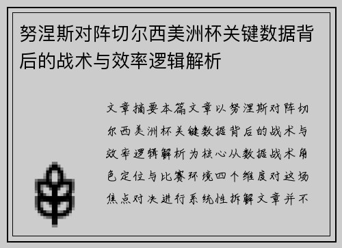 努涅斯对阵切尔西美洲杯关键数据背后的战术与效率逻辑解析