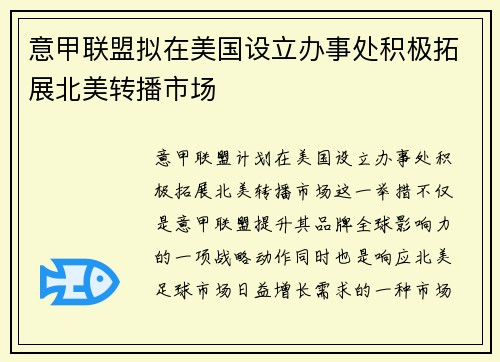 意甲联盟拟在美国设立办事处积极拓展北美转播市场