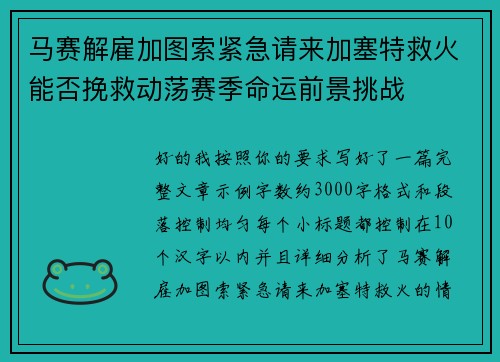 马赛解雇加图索紧急请来加塞特救火能否挽救动荡赛季命运前景挑战