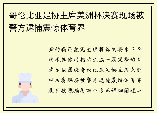 哥伦比亚足协主席美洲杯决赛现场被警方逮捕震惊体育界