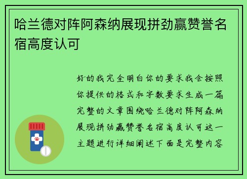 哈兰德对阵阿森纳展现拼劲赢赞誉名宿高度认可