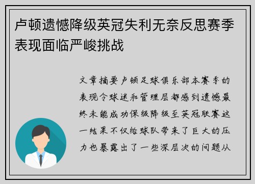 卢顿遗憾降级英冠失利无奈反思赛季表现面临严峻挑战